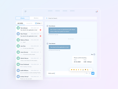 Chat with clients app calendar chat clean client management clientwork dropdown interface list message app product saas app saas design tabs ui ui ux