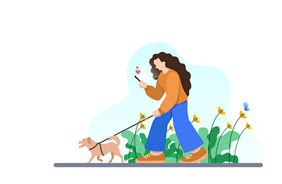 Dog Walking flat illustration adobe illustrator blue butterfly dog walker dribbble flat illustrations green leaf hero image illustration love minimal illustration orange pet illustration procreateapp socialmedia web illustration web illustrations