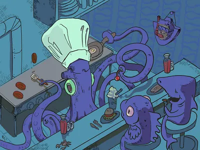 Order up bar comic cook design fish illustraion octopus procreate underwater