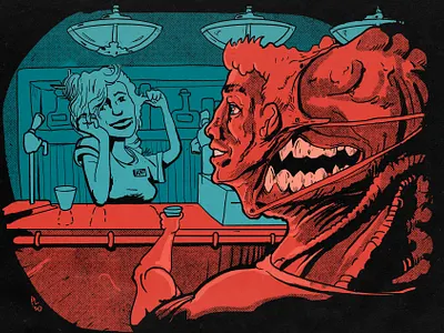 One human beer alien bar bartender beer comic illustraion mask procreate texture