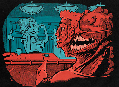 One human beer alien bar bartender beer comic illustraion mask procreate texture