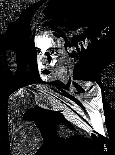 Frankenstein's Bride black black and white blackandwhite crosshatching illustration ink inking line lines portrait illustration