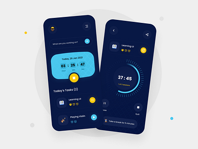 Pomodoro & Time Tracker Application app application clean concept dark dark ui design mobile mobile ui pomodoro time tracker ui ui design uidesign uidesigner uiux