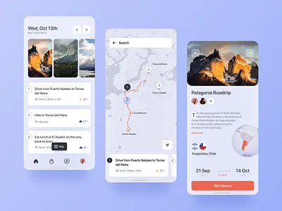 Roadtrip Planner activity app calendar cards design expand globe gradient icon itinerary map mobile nature navigation roadtrip shadow tabs travel ui weather