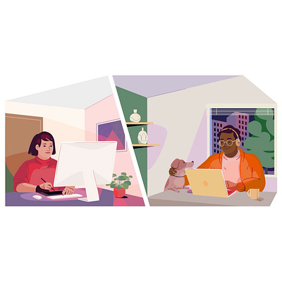 Working from home character computer graphic home illustration man online pastel people pet remote remote work vector woman work