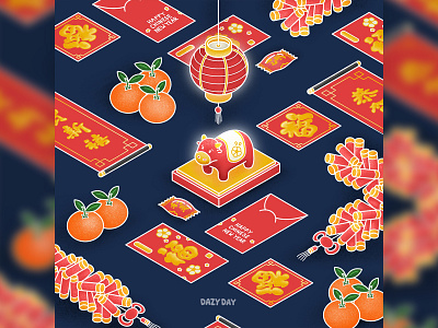 year of the ox (night) chinese new year digitalart graphic illustration illustrator isometric lunar new year procreate year of the ox