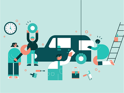 Teamwork car colours illustration mechanic object people shuttle team teamwork vector working