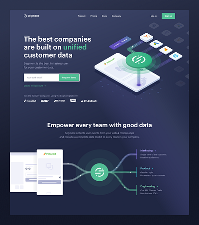 Segment — Home Explorations clean dark darkmode desgin green homepage ilustration isometric landing navigation page product segment tonik ui ux visual web webdesign website