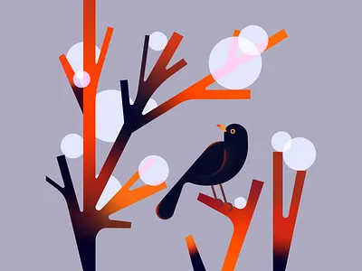 Blackbird's days bird blackbird branches cold illustration nature snow snowball tree winter wood