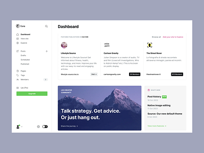 Leo: Content Management Platform cartoon content creation content management dashboard design design themes drafts image editing lifestyle personal development posts pro features saas scheduled site view streaming ui design uxui video platform web design