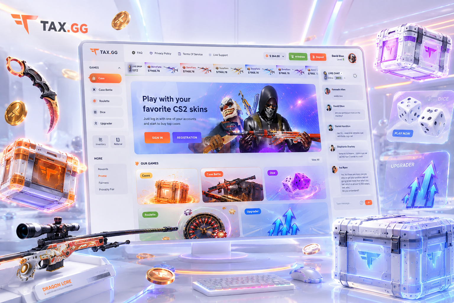 TAX.GG (CSGO Gaming Platform) 3d casino csgo dice gambling game gaming juicyart opencase roulette skins uiux upgrader