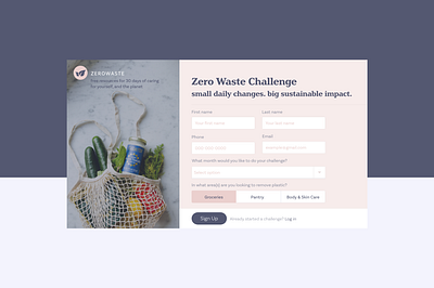 Zero Waste Challenge | Daily UI 001 dailyui dailyui 001 dailyuichallenge food food app green login signup skincare sustainability web zero waste