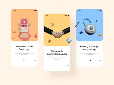 Onboarding for a social app (WIP) 3d designer app dashboard design friends illustration ios jobs neel onboarding prakhar privacy security professional sharma social social media ui ux welcome