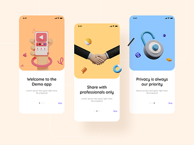 Onboarding for a social app (WIP) 3d designer app dashboard design friends illustration ios jobs neel onboarding prakhar privacy security professional sharma social social media ui ux welcome