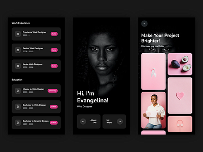 Personal Portfolio / Resume / CV Mobile Shots app clean cv dark design education experience glass glassmorphism illustration job minimal mobile morphism portfolio resume template theme ui work