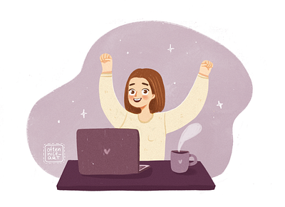 Yay! - A happy girl at a laptop branding character character design design digital art flat freelancer girl girl character grain happy home office illustration purple success work workspace