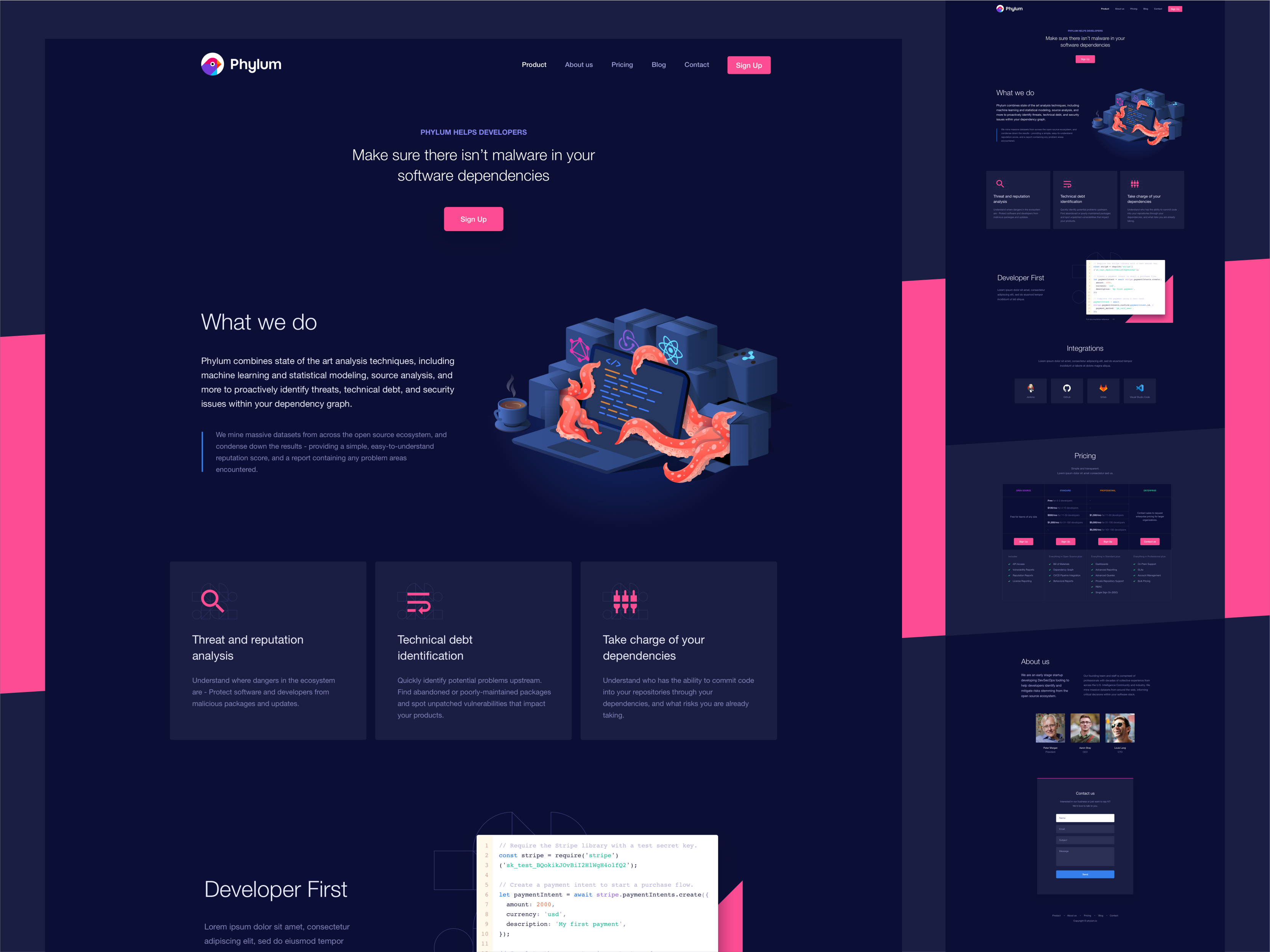 Phylum, landing page for software development security analysis bird colorful cyber dark dark theme design development illustration isometric landing page machine learning malware monster security software startup tech threats website