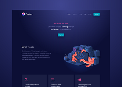 Phylum, landing page for software development security analysis bird colorful cyber dark dark theme design development illustration isometric landing page machine learning malware monster security software startup tech threats website