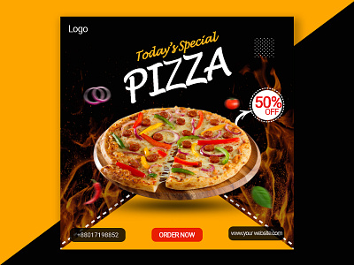 pizza Social Media Banner. banner beautiful black brown creative delicious discount hot internet modern online order now pizza poster social media special recepi spiecy tasty