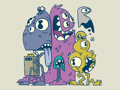 Group of Freaks! 80s blake stevenson cartoon character design comic art creepy cute eyes hipster illustration jetpacks and rollerskates legs monsters retro silly skull slime tongue ui ux