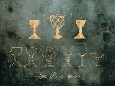 The Messy Mystic: Tarot Cups art licensing. hand drawn astrology atmospheric clipart design tools enchanted gold metallic graphic resources mystical oracle cards tarot cards vectors