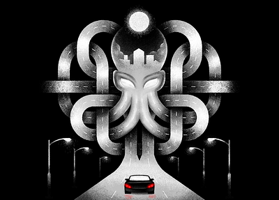 Night ride car city dark design digital digital illustration drive highway illustration night noir octopus procreate stippling texture