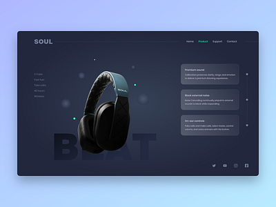 Soul web app concept screen 1 animation app bule card clean dark dark ui gif gradient headphone morshad96 music new soul web