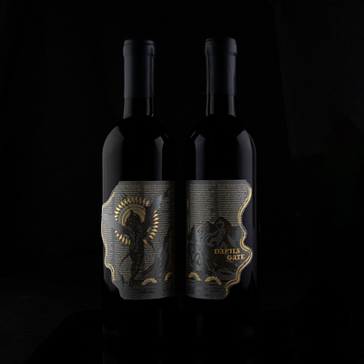 Devils Gate wrap-around bordeaux label black black on black black paper bordeaux branding design devil foil foil stamp illustration illustration design label metallic ink packaging print design spot varnish typography typography art wine wine bottle