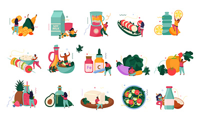 Vegan food set drinks flat illustration organic supplements vector vegan food