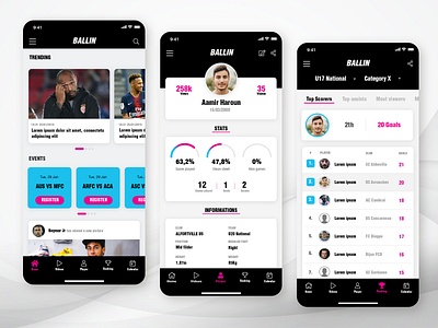 Fan Engagement Soccer App black football ios pink player soccer app sports uidesign