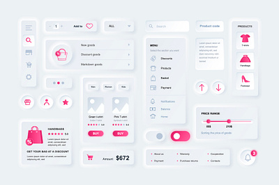 Neumorphic UI, UX, GUI, KIT Shopping Elements app application button commerce dropdown gui kit mobile neumorphic neumorphism shop shopping sidebar skeuomorphic skeuomorphism slider ui ux vector web