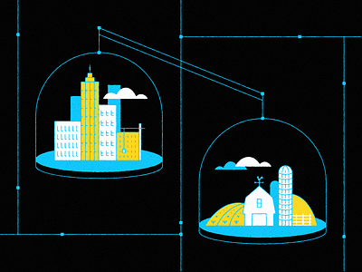 Urban vs. Rural bright city cityscape color contrast farm geometric illustration rural scale tech texture true grit urban