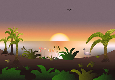 Sunset Scene colorful heron illustration palm palm trees print summer vector