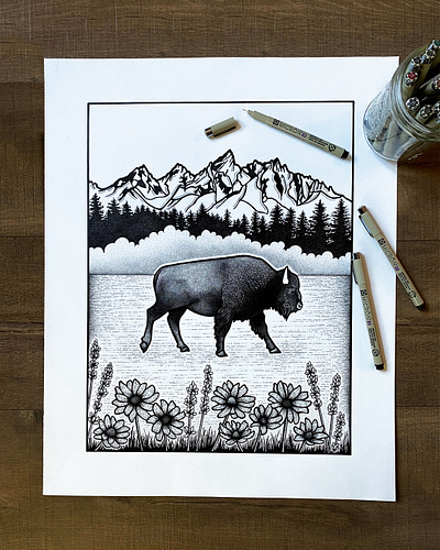 Bison bison blackandwhite detailed dotwork linework micron micron pen mountainart pen and ink stippled stippling wyoming