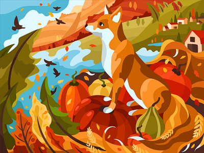 Autumn Fox animal illustration artist autumn color by number colorful art digital illustration fox game harvest illustration landscape landscape illustration mobile game pumpkin vector village