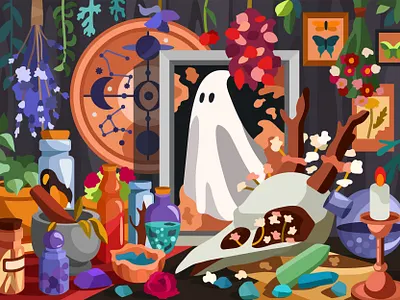 Witch's stuff artist color by number colorful art digital illustration game ghost halloween halloween illustration herbs illustration magic magic art mobile game night potions vector vector illustration witch house