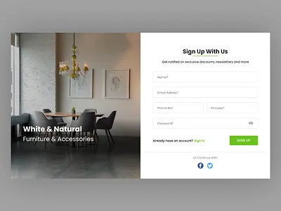 White and Natural Furniture Sign up furniture website ux design webdesign website design