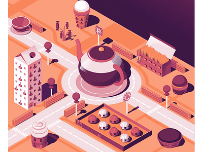 Candy city 3d animation candy candyshop cartoon cartoon city city city map illustration isometric stylized city tea city