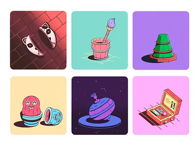 Mini-illustrations basket cartoon design flat flatdesign illustration mask toys vector