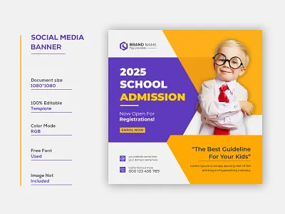 School Admission Social Media Post Template admission ads back to school banner children class college creative education facebook post instagram post kids learning modern preschool primary registration scholarship school web