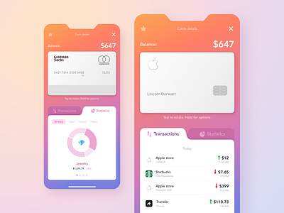 iOS mobile wallet. All cards in your phone app apple bank bank card banking cards design ios mobile piechart qr code starbucks statistic transaction uber ui ux wallet