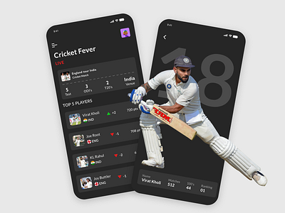 Cricket fever statistics app app best player black branding cricket cricket app cricket score cricketer dark india interaction design ranking savspak statistics top player trending ui ux virat kohli white