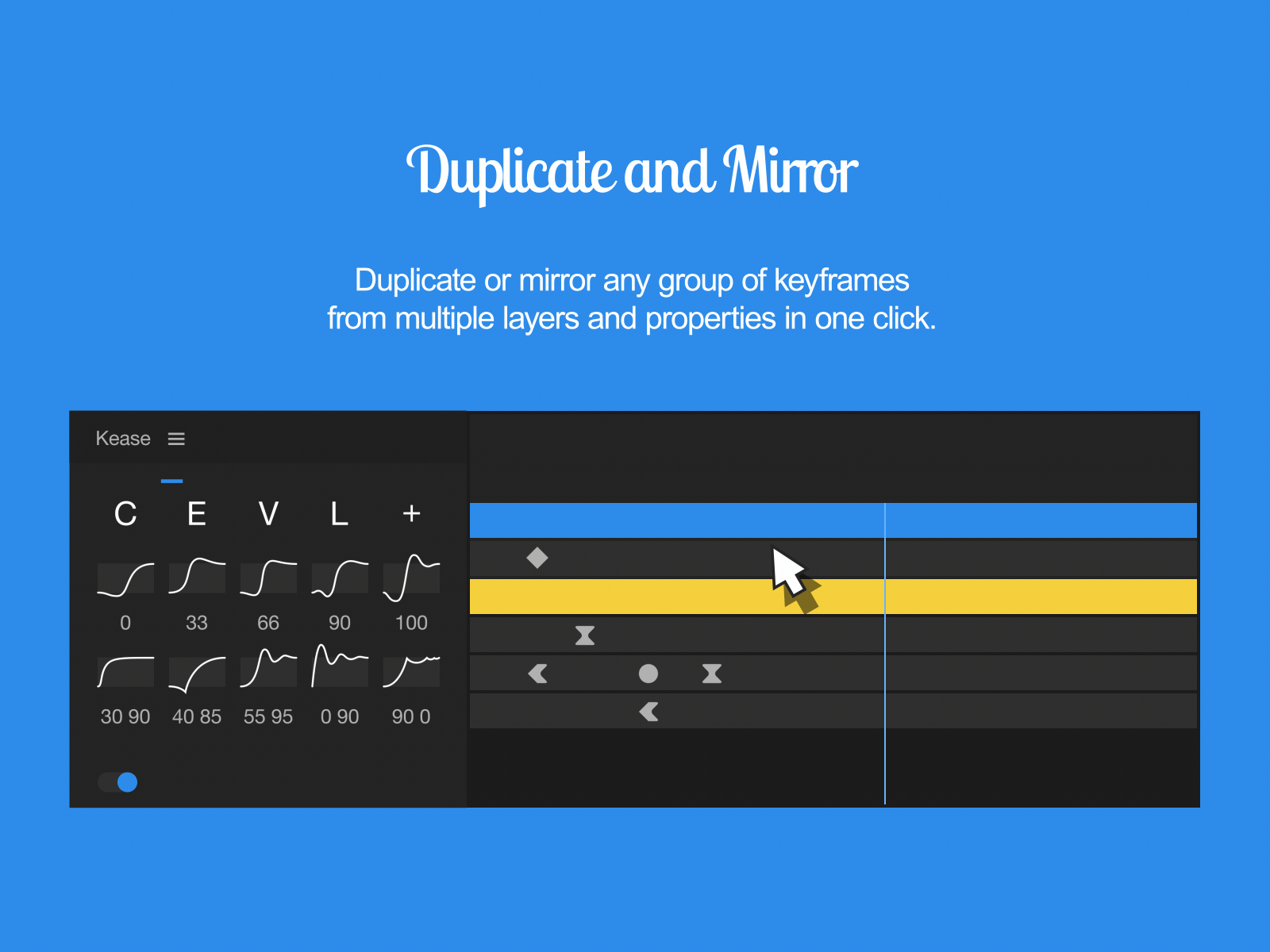 Kease - a script for After Effects - Duplicate and Mirror adobe ae aescript aescripts after effects aftereffects character curves duplicate easing easing curves extension interpolation kease keyframes mirror panel script