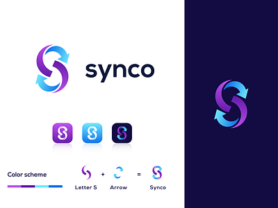 Synco Logo Design ( S + Arrow ) app icon app logo arrow head arrow logo arrow up arrows brand design brand identity branding logo designer logo inspiration logotype minimalist logo modern logo modern logo 2021 s arrow logo s logo symbol synco logo ui