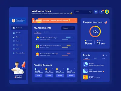 Student Dashboard Dark Version blue dark mode dark theme dashboard design elearning ui uidesign user interface ux