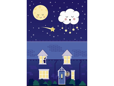 Nursery House Portrait blue child cloud house moon night nursery nursery art stars