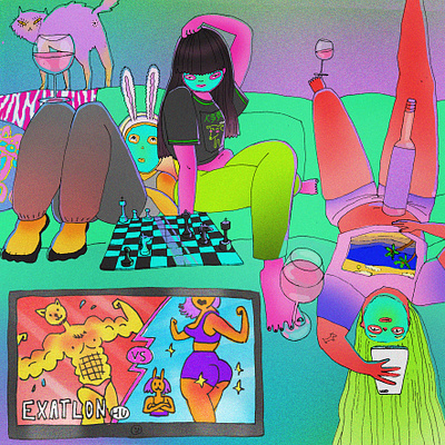 the girls and i in quarantine animation caracter chess colors girls illustration