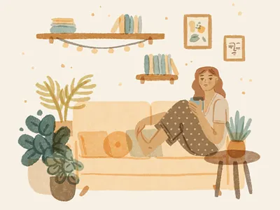 Slow down living | stay home botanical character couch cozy cute girl home illustration interior ipad ipadpro lifestyle living room mental health procreate relax self care slow living stay home woman