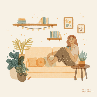 Slow down living | stay home botanical character couch cozy cute girl home illustration interior ipad ipadpro lifestyle living room mental health procreate relax self care slow living stay home woman