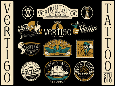 Vertigo Tattoo Branding anchor branding clipper crowsnest hands illustration knot lighthouse mermaid nautical pelican pipe rope sailor ship sign stairs whale woman womans